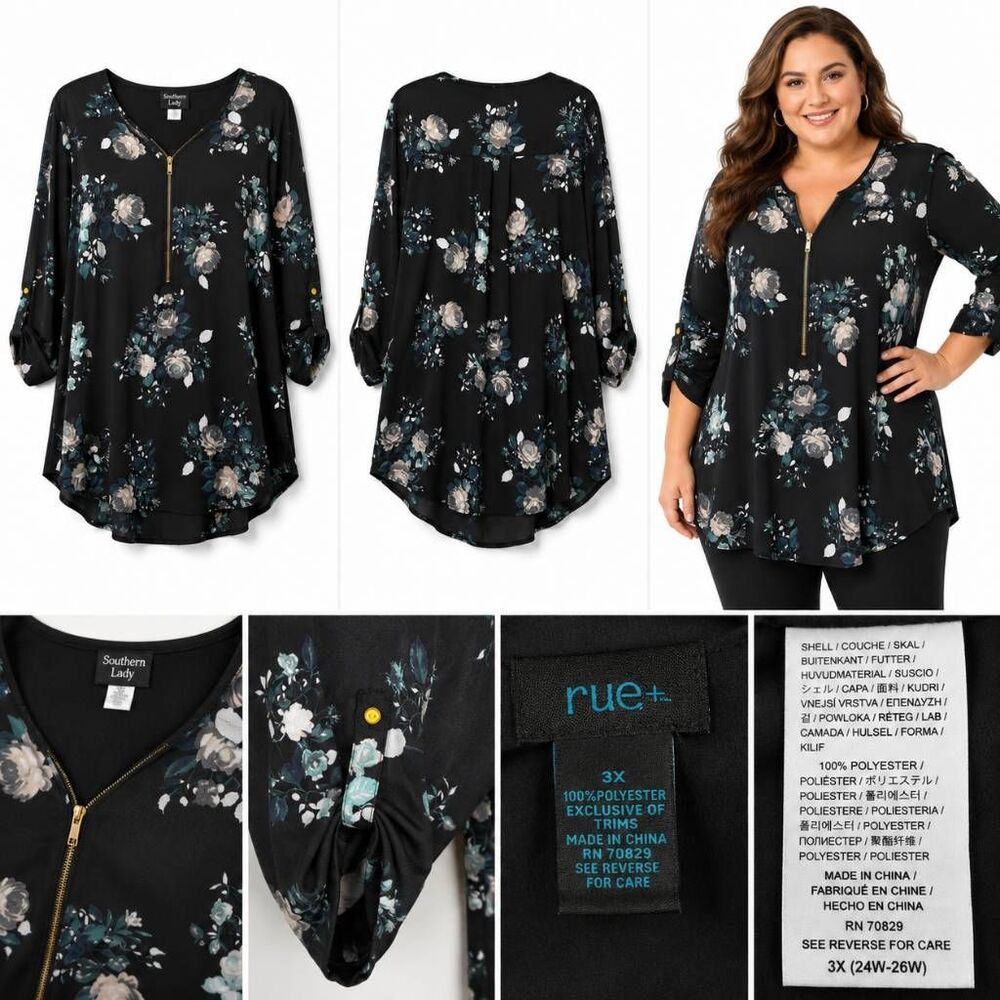 Rue21 Floral Zip Front Tunic Blouse Black 3X